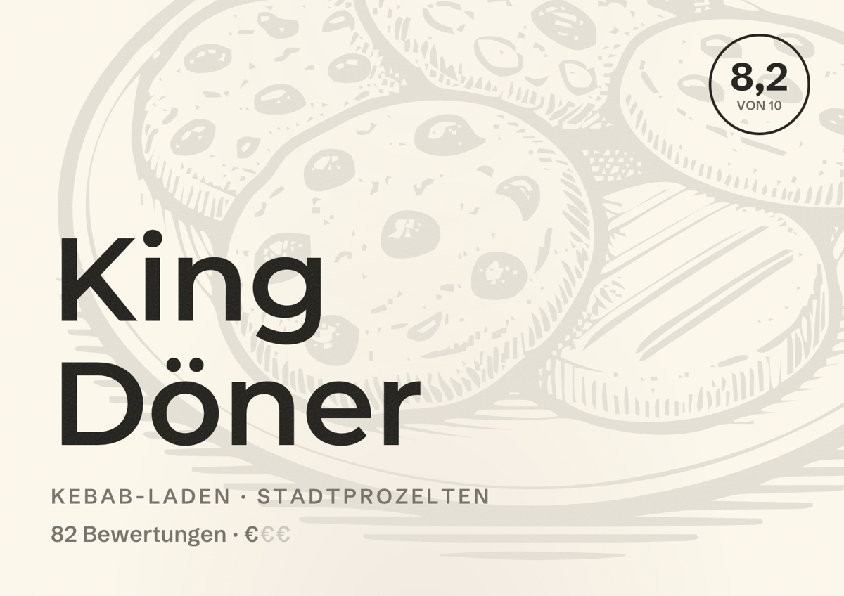Illustriertes Poster von King Döner, Kebab-Laden in Stadtprozelten: Bewertung 8,2 von 10 aus 82 Bewertungen, Preisniveau €