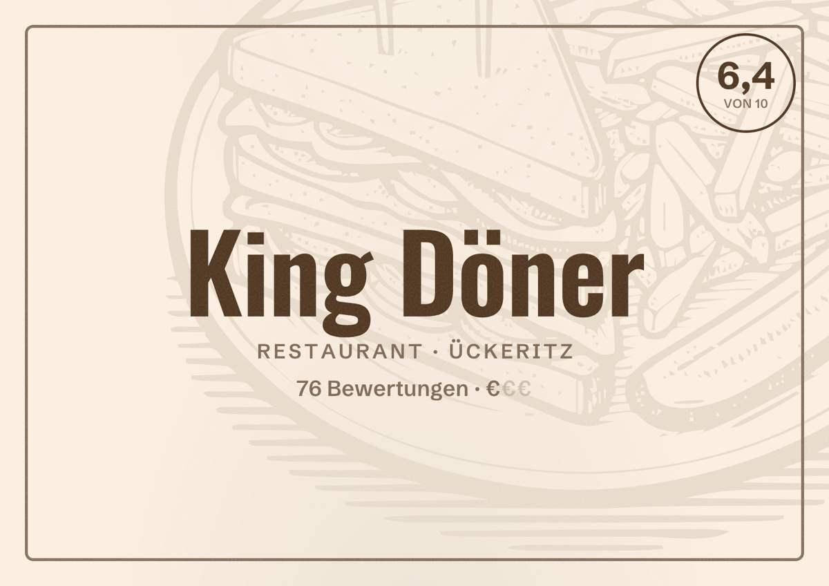 Illustriertes Poster von King Döner, Restaurant in Ückeritz: Bewertung 6,4 von 10 aus 76 Bewertungen, Preisniveau €