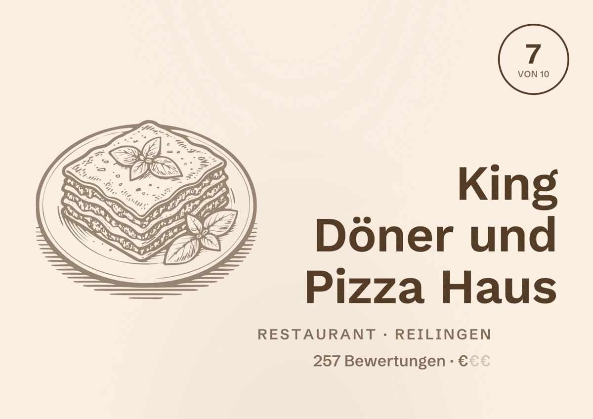 Illustriertes Poster von King Döner und Pizza Haus, Restaurant in Reilingen: Bewertung 7 von 10 aus 257 Bewertungen, Preisniveau €