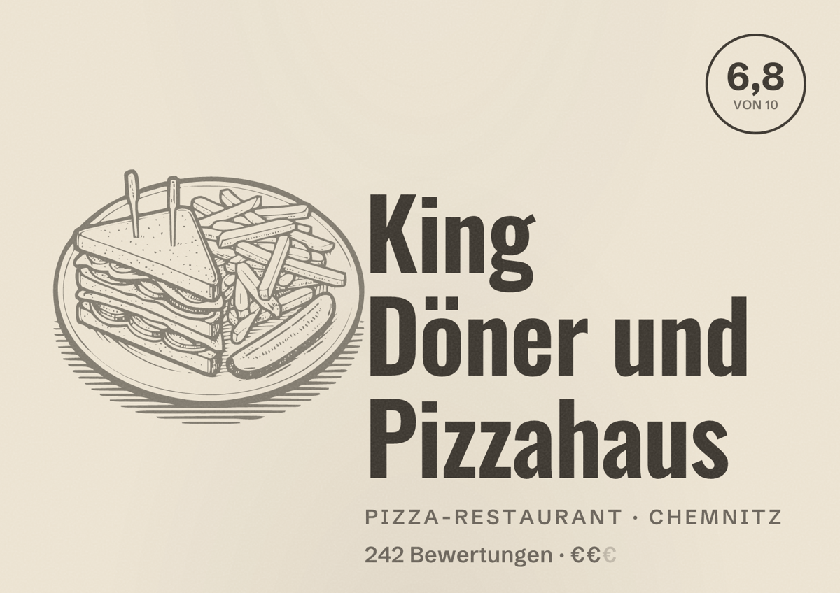 Illustriertes Poster von King Döner und Pizzahaus, Pizza-Restaurant in Chemnitz: Bewertung 6,8 von 10 aus 242 Bewertungen, Preisniveau €€