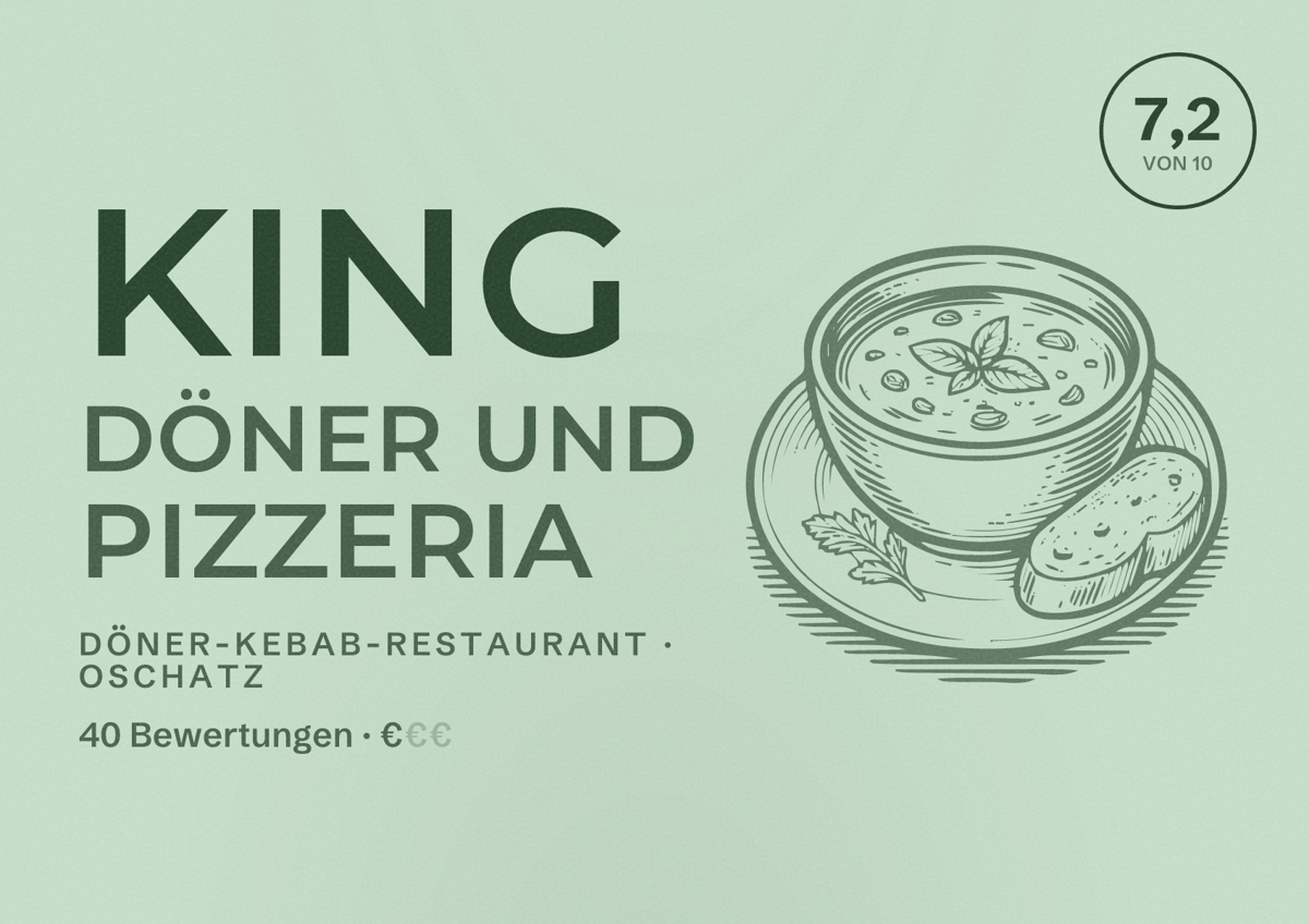 Illustriertes Poster von King Döner und Pizzeria, Döner-Kebab-Restaurant in Oschatz: Bewertung 7,2 von 10 aus 40 Bewertungen, Preisniveau €
