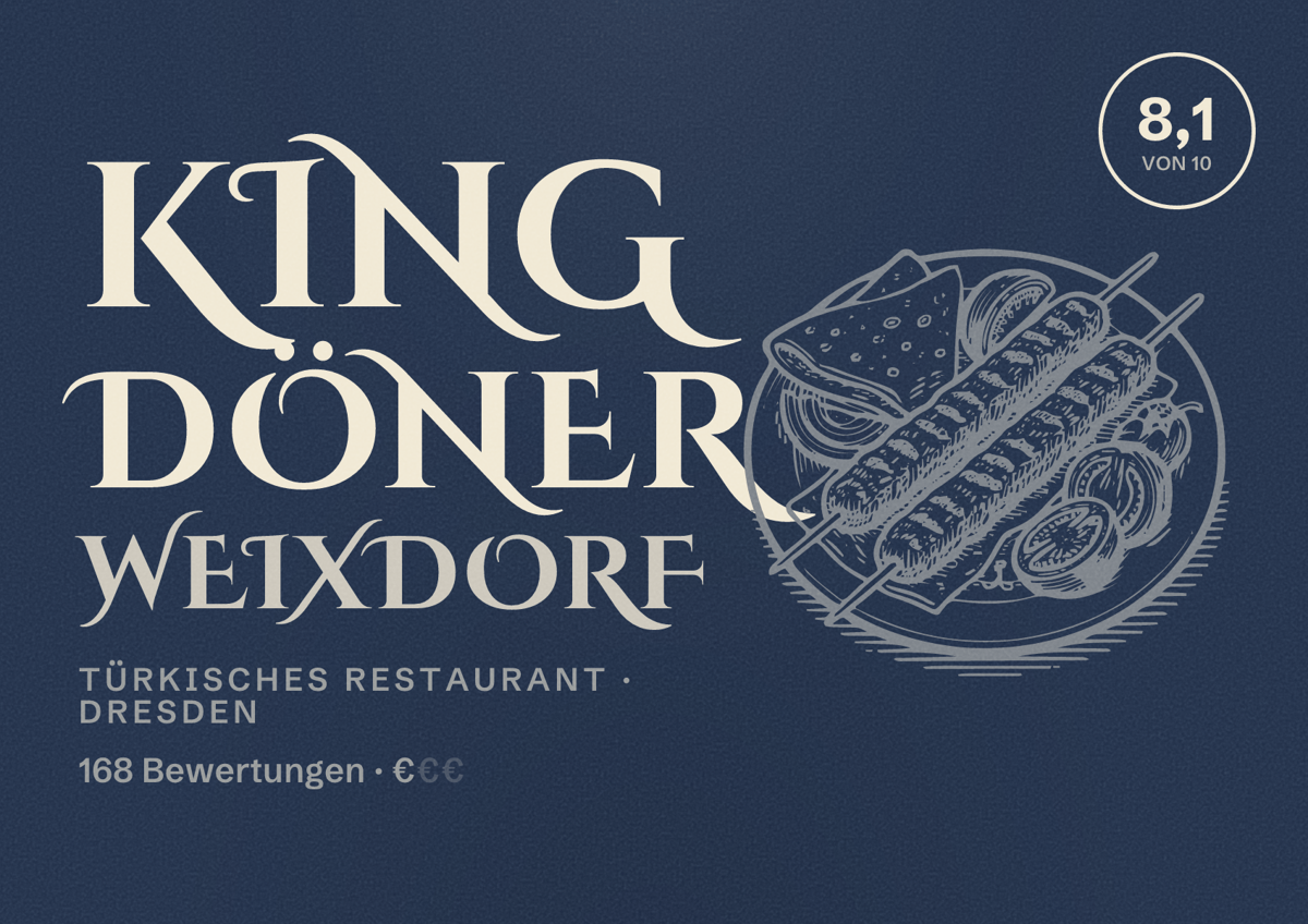 Illustriertes Poster von King Döner Weixdorf, Türkisches Restaurant in Dresden: Bewertung 8,1 von 10 aus 168 Bewertungen, Preisniveau €