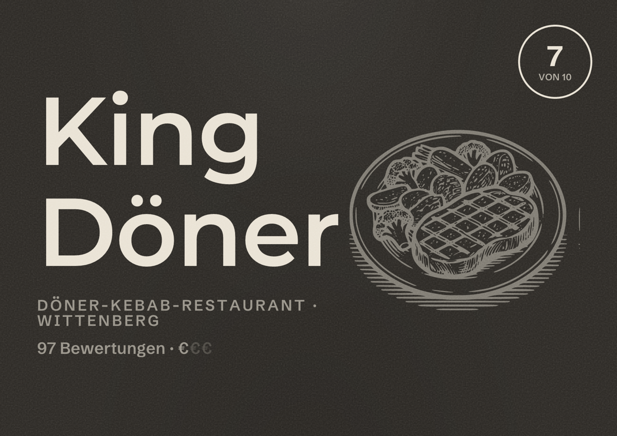 Illustriertes Poster von King Döner, Döner-Kebab-Restaurant in Wittenberg: Bewertung 7 von 10 aus 97 Bewertungen, Preisniveau €