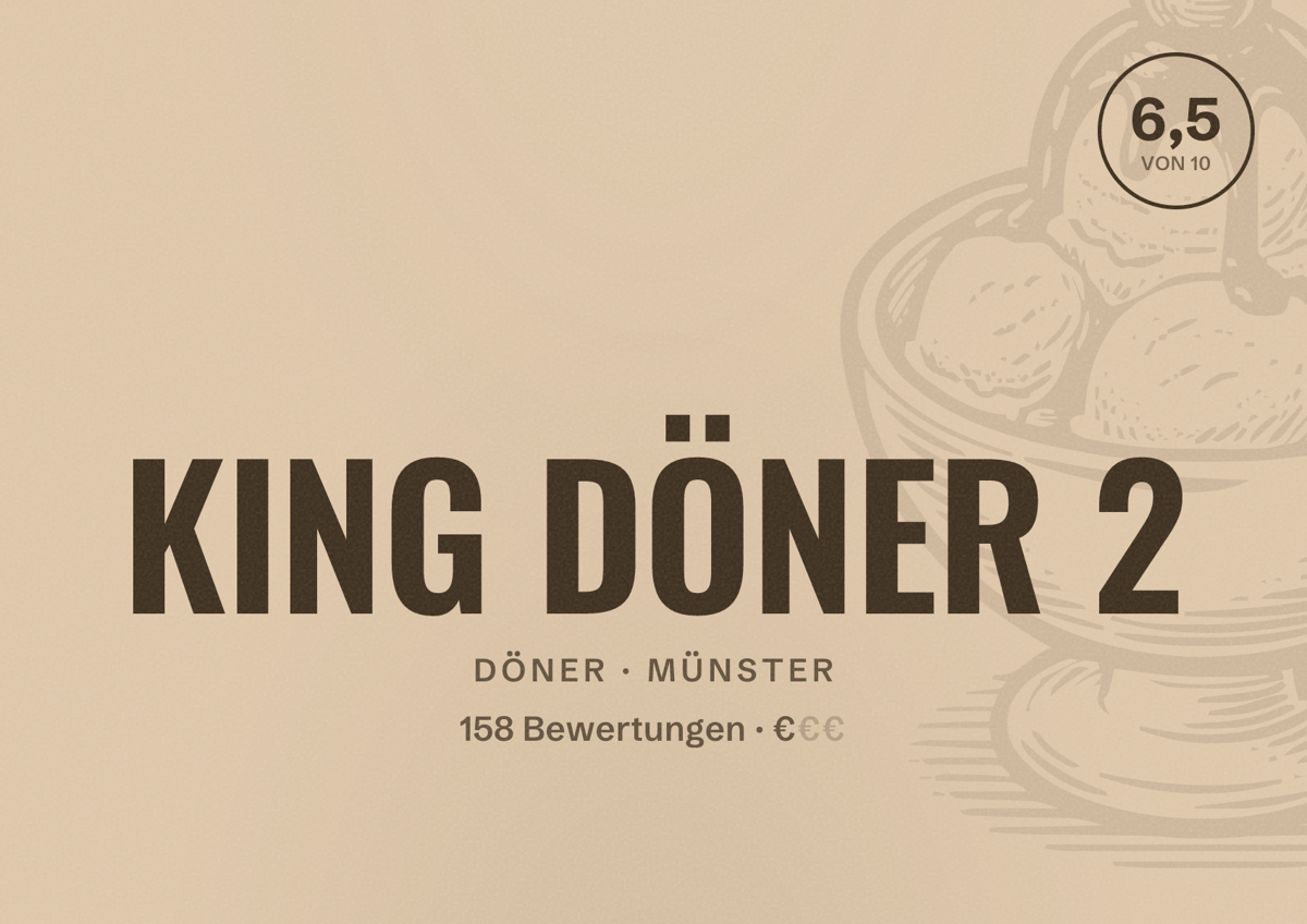 Illustriertes Poster von KING DÖNER 2, Döner in Münster: Bewertung 6,5 von 10 aus 158 Bewertungen, Preisniveau €