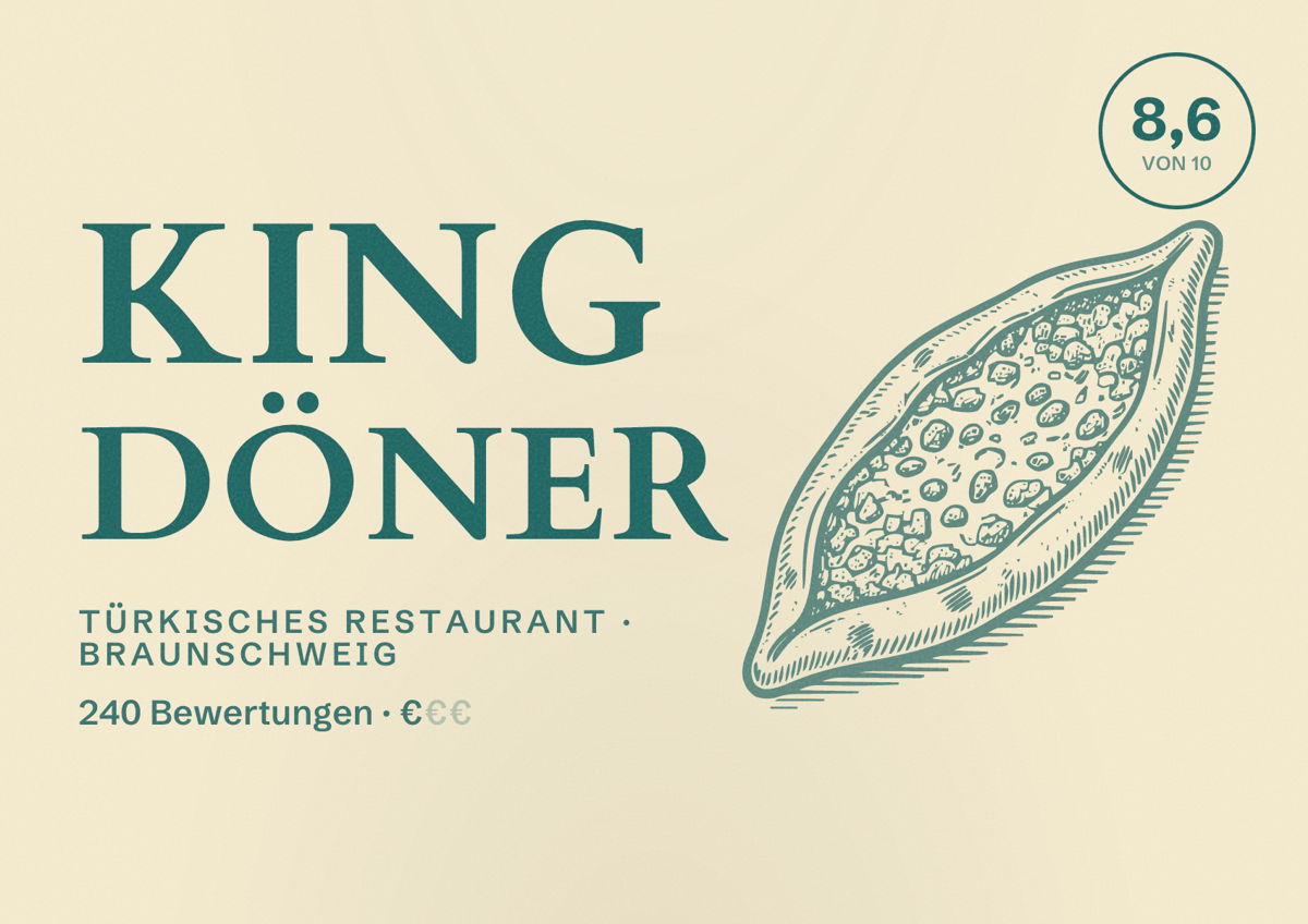 Illustriertes Poster von King Döner, Türkisches Restaurant in Braunschweig: Bewertung 8,6 von 10 aus 240 Bewertungen, Preisniveau €