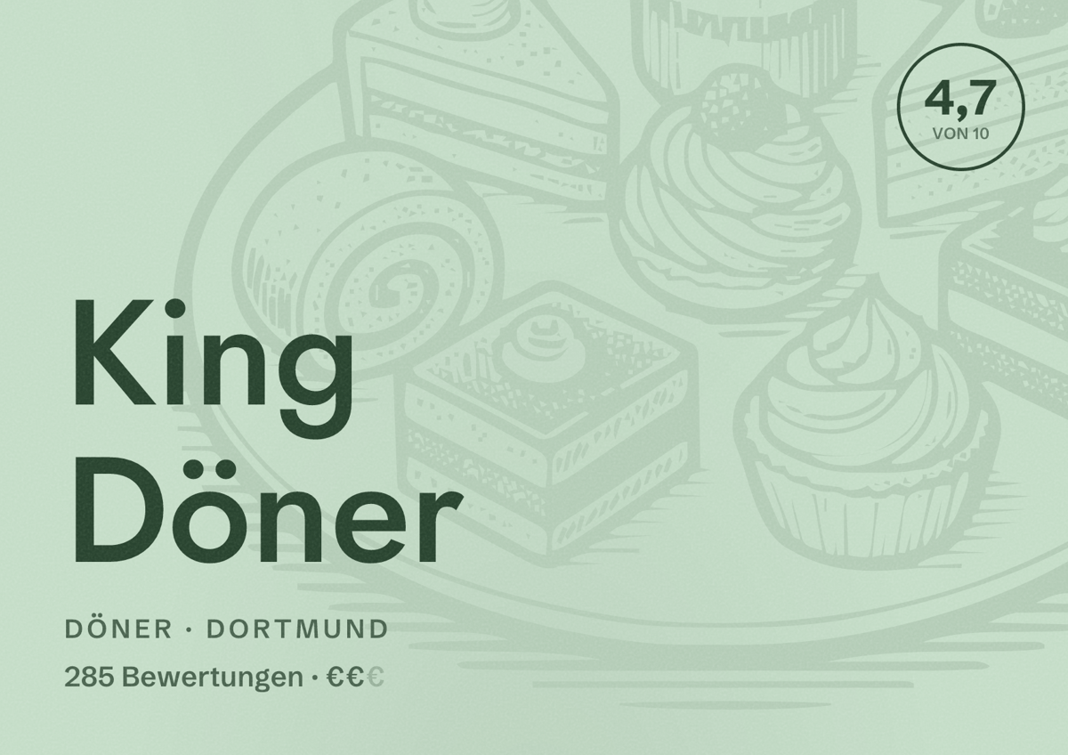 Illustriertes Poster von King Döner, Döner in Dortmund: Bewertung 4,7 von 10 aus 285 Bewertungen, Preisniveau €€