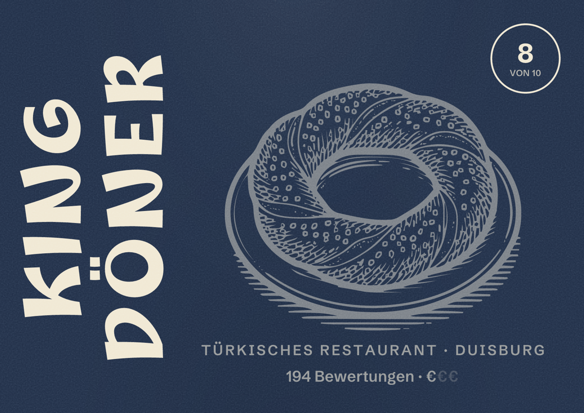 Illustriertes Poster von King Döner, Türkisches Restaurant in Duisburg: Bewertung 8 von 10 aus 194 Bewertungen, Preisniveau €
