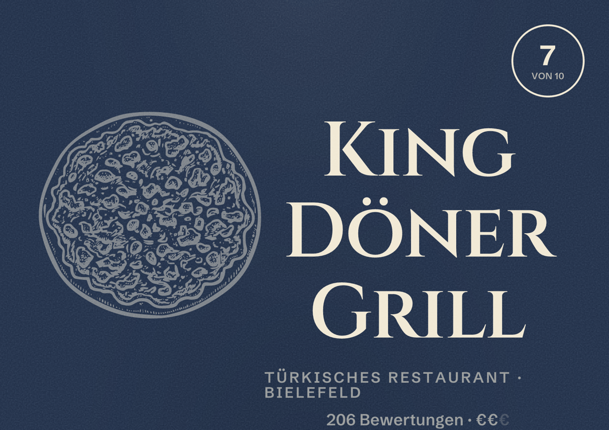 Illustriertes Poster von King Döner Grill, Türkisches Restaurant in Bielefeld: Bewertung 7 von 10 aus 206 Bewertungen, Preisniveau €€