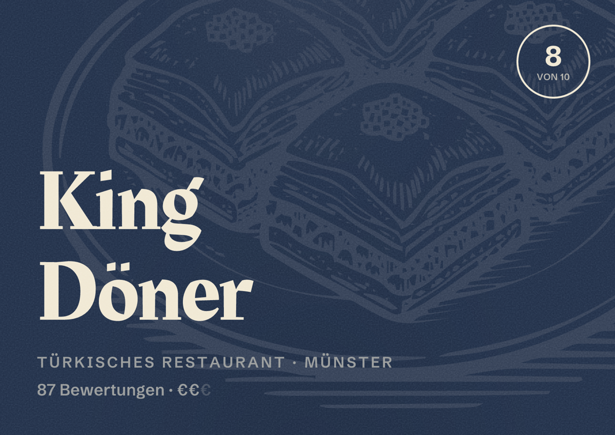 Illustriertes Poster von King Döner, Türkisches Restaurant in Münster: Bewertung 8 von 10 aus 87 Bewertungen, Preisniveau €€