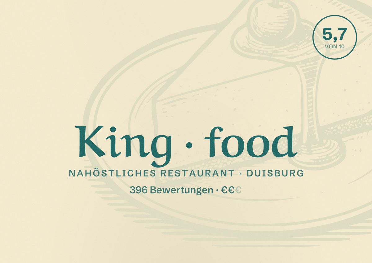 Illustriertes Poster von King food, Nahöstliches Restaurant in Duisburg: Bewertung 5,7 von 10 aus 396 Bewertungen, Preisniveau €€