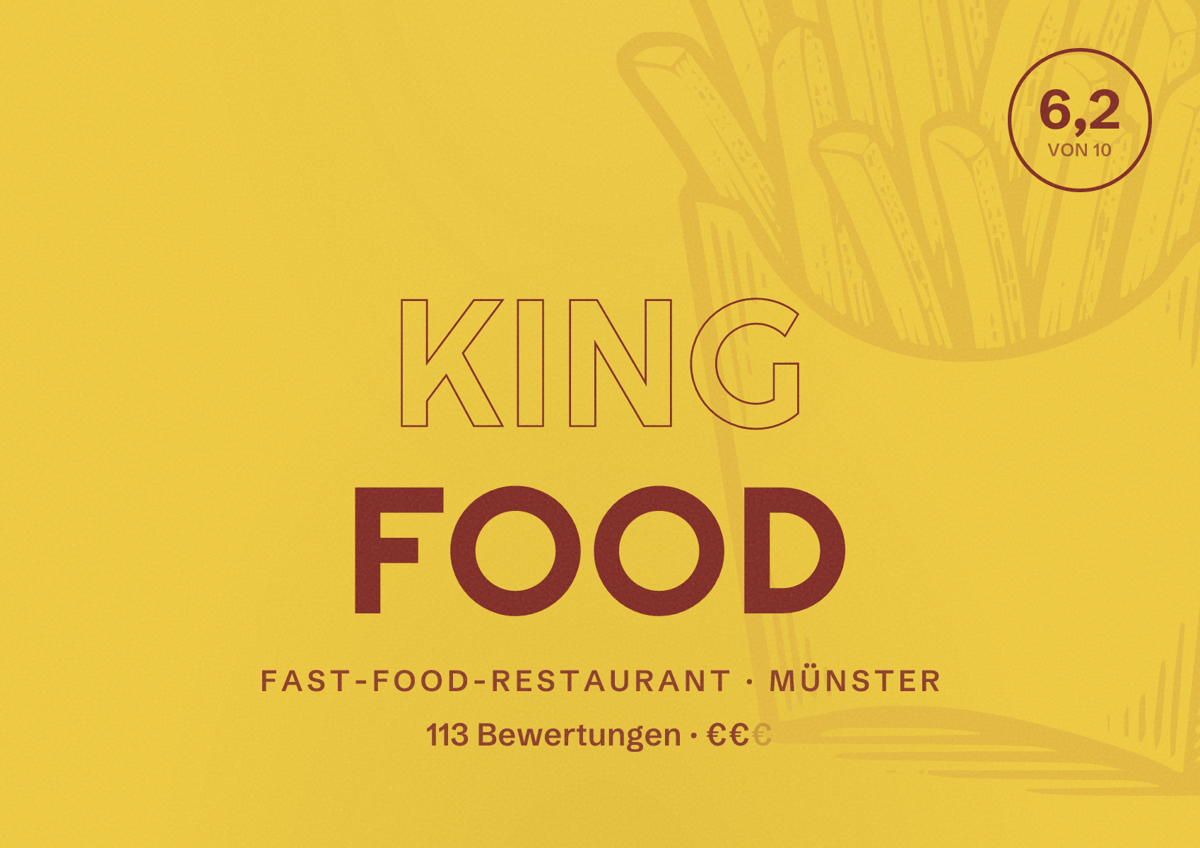 Illustriertes Poster von King Food, Fast-Food-Restaurant in Münster: Bewertung 6,2 von 10 aus 113 Bewertungen, Preisniveau €€