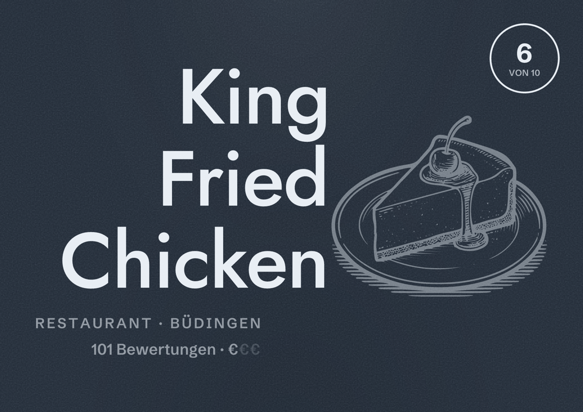 Illustriertes Poster von King Fried Chicken, Restaurant in Büdingen: Bewertung 6 von 10 aus 101 Bewertungen, Preisniveau €