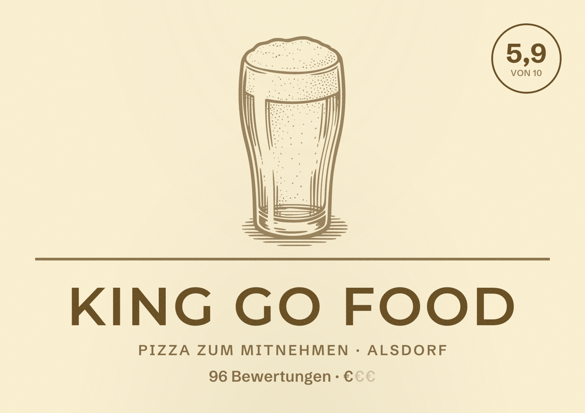 Illustriertes Poster von King go Food, Pizza zum Mitnehmen in Alsdorf: Bewertung 5,9 von 10 aus 96 Bewertungen, Preisniveau €