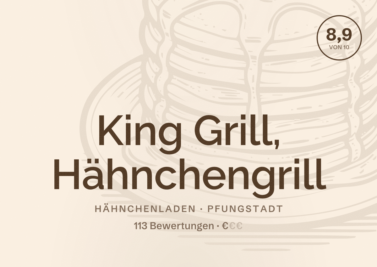 Illustriertes Poster von King Grill, Hähnchengrill, Hähnchenladen in Pfungstadt: Bewertung 8,9 von 10 aus 113 Bewertungen, Preisniveau €
