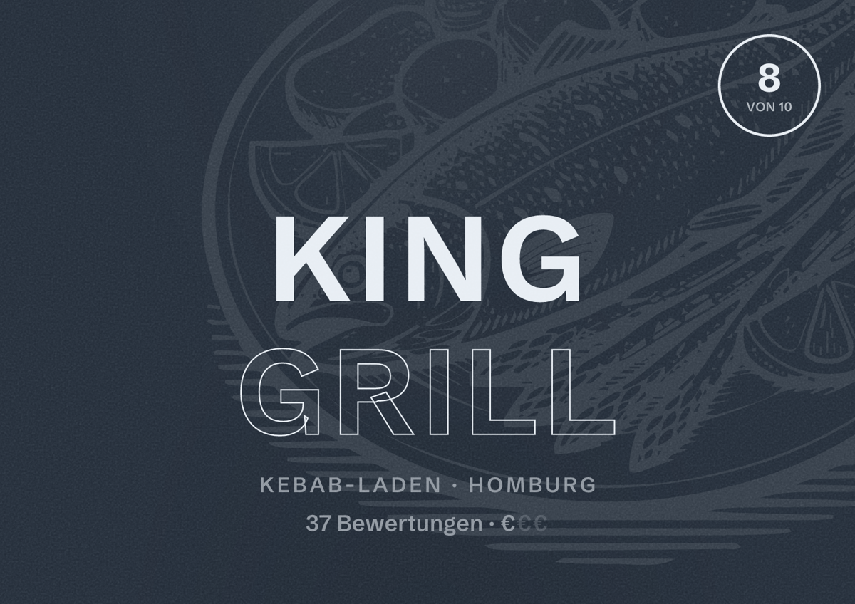 Illustriertes Poster von King Grill, Kebab-Laden in Homburg: Bewertung 8 von 10 aus 37 Bewertungen, Preisniveau €