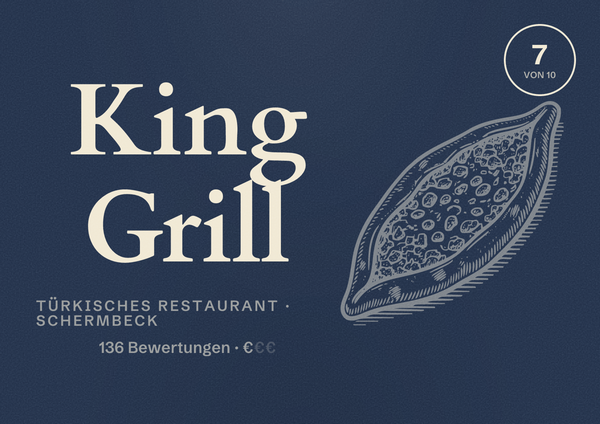 Illustriertes Poster von King Grill, Türkisches Restaurant in Schermbeck: Bewertung 7 von 10 aus 136 Bewertungen, Preisniveau €