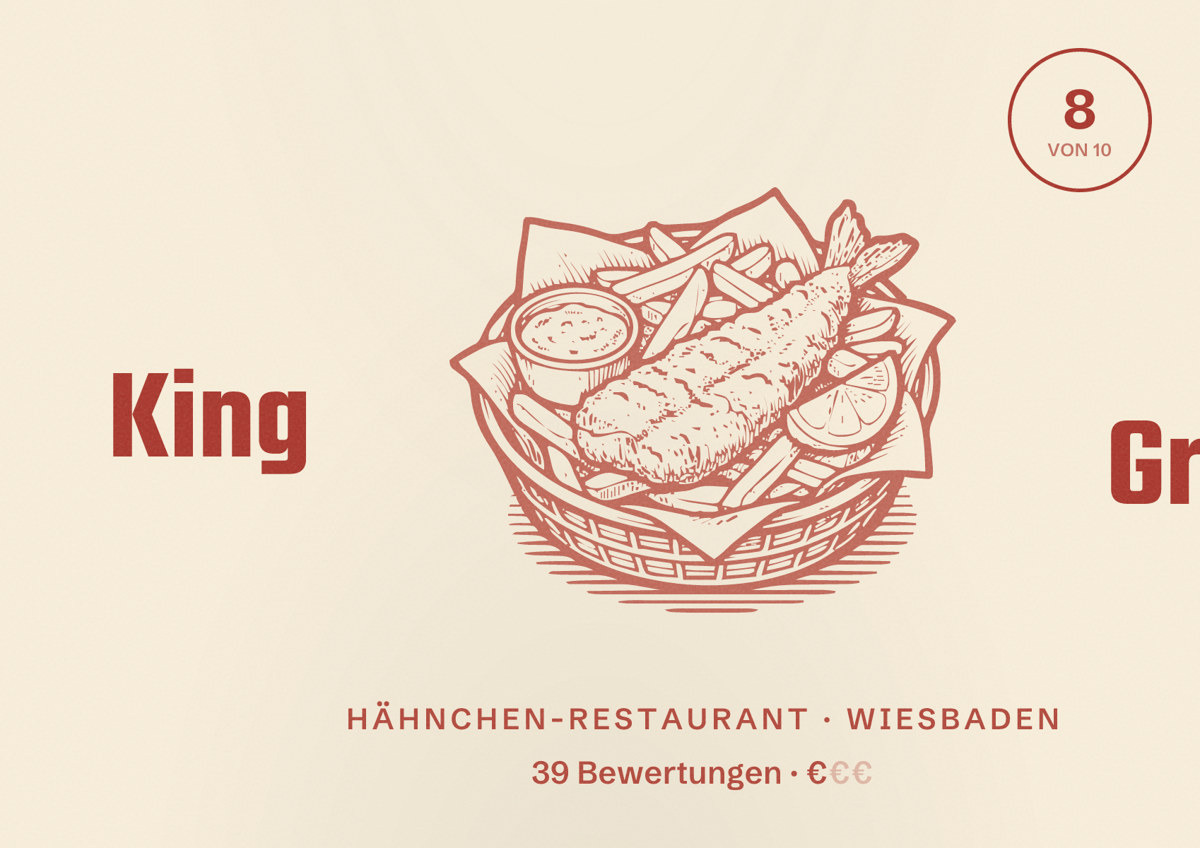 Illustriertes Poster von King Grill, Hähnchen-Restaurant in Wiesbaden: Bewertung 8,0 von 10 aus 39 Bewertungen, Preisniveau €