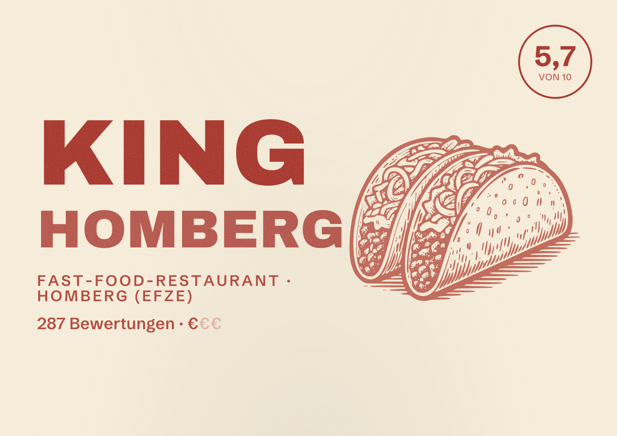 Illustriertes Poster von King Homberg, Fast-Food-Restaurant in Homberg (Efze): Bewertung 5,7 von 10 aus 287 Bewertungen, Preisniveau €