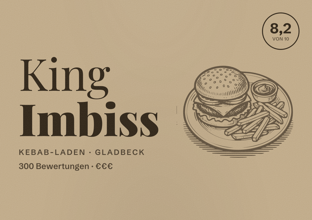 Illustriertes Poster von King Imbiss, Kebab-Laden in Gladbeck: Bewertung 8,2 von 10 aus 300 Bewertungen, Preisniveau €€€