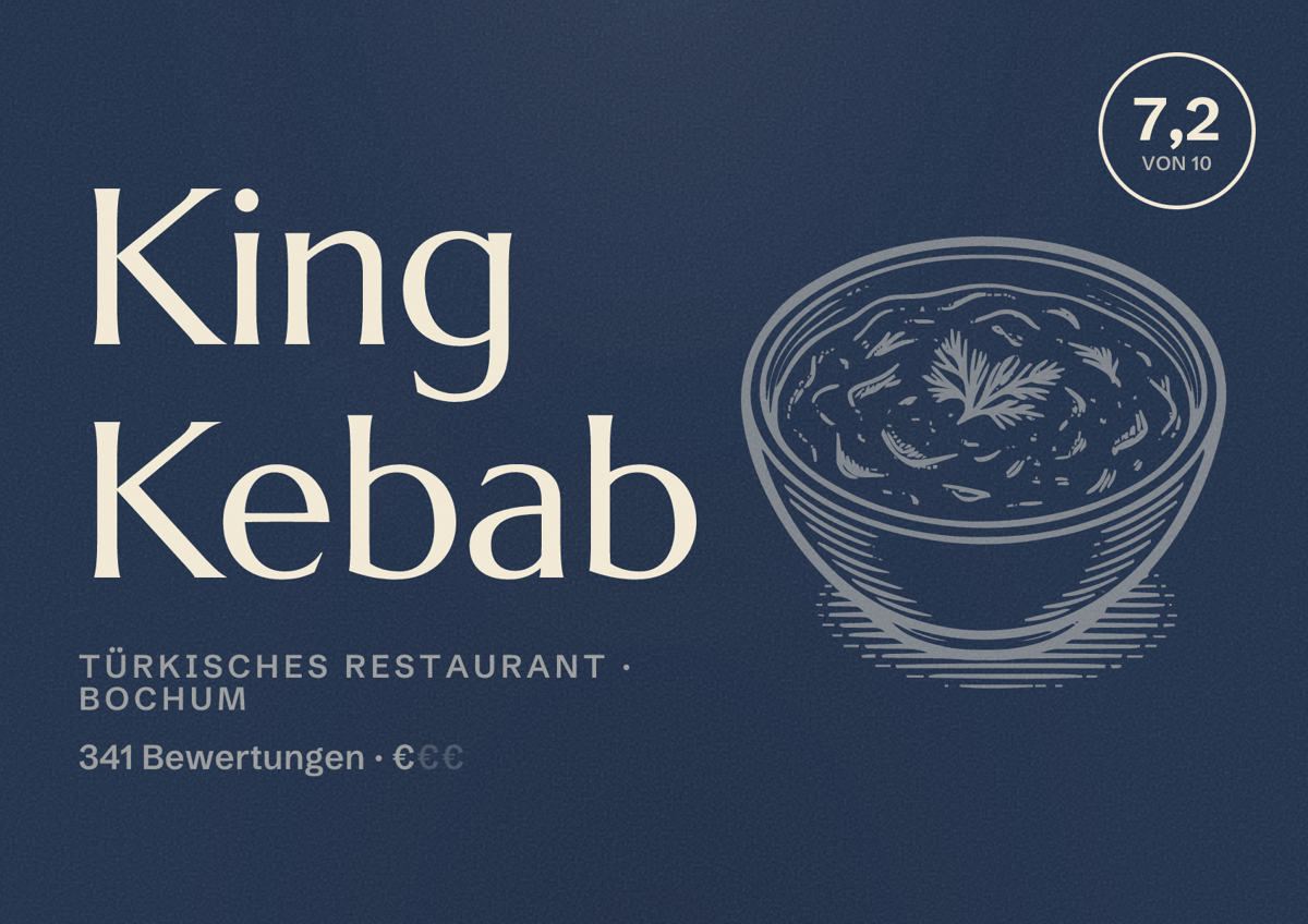 Illustriertes Poster von King Kebab, Türkisches Restaurant in Bochum: Bewertung 7,2 von 10 aus 341 Bewertungen, Preisniveau €