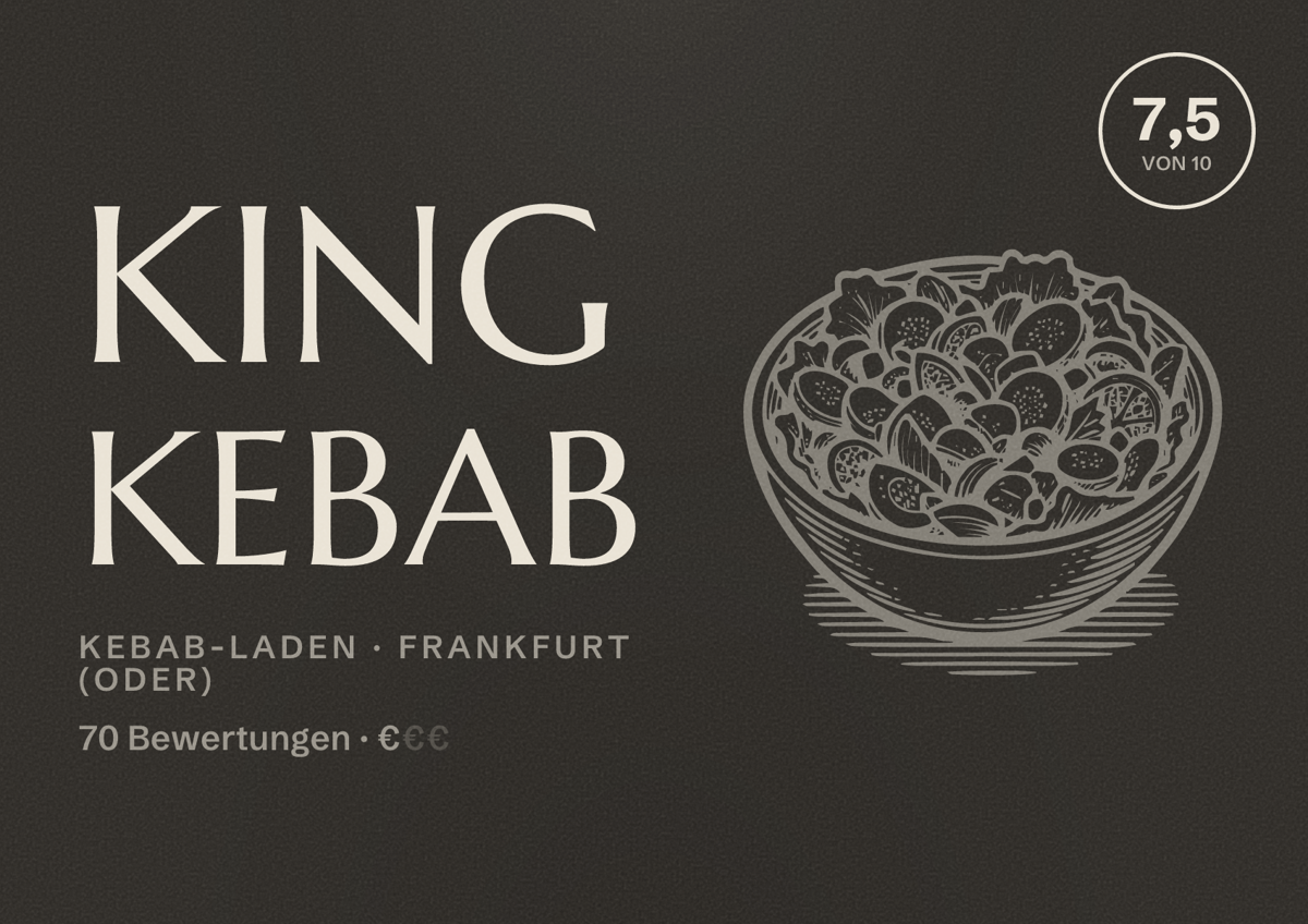 Illustriertes Poster von King Kebab, Kebab-Laden in Frankfurt (Oder): Bewertung 7,5 von 10 aus 70 Bewertungen, Preisniveau €