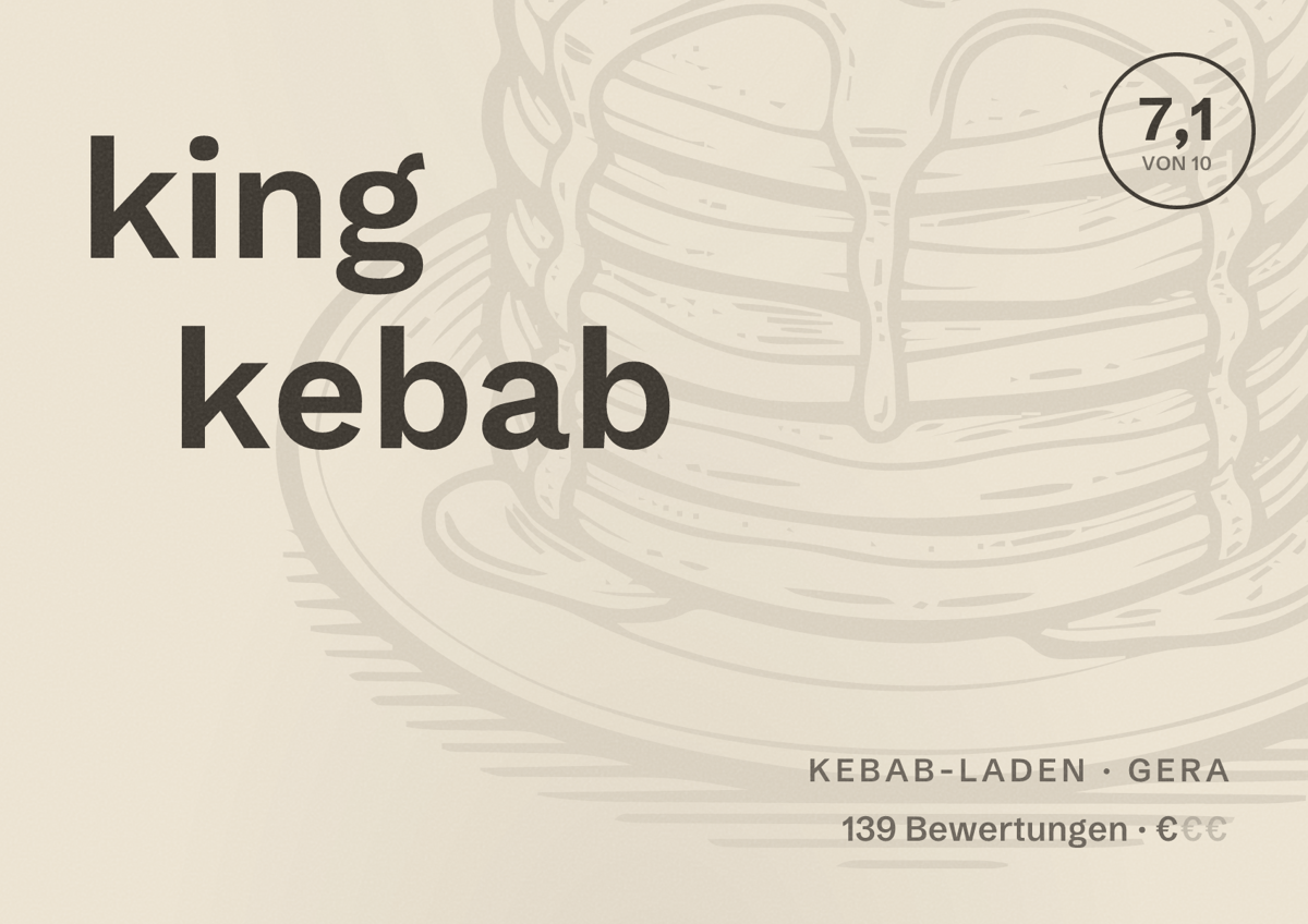 Illustriertes Poster von king kebab, Kebab-Laden in Gera: Bewertung 7,1 von 10 aus 139 Bewertungen, Preisniveau €