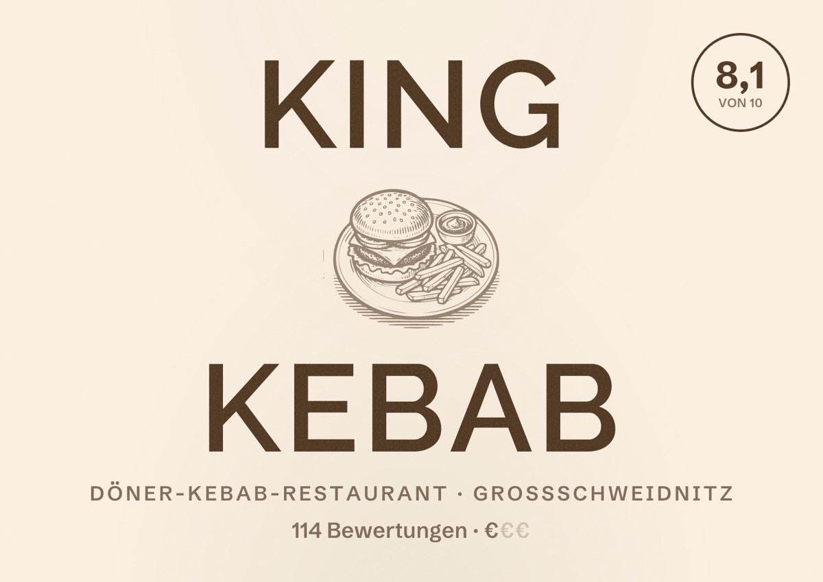 Illustriertes Poster von King Kebab, Döner-Kebab-Restaurant in Großschweidnitz: Bewertung 8,1 von 10 aus 114 Bewertungen, Preisniveau €