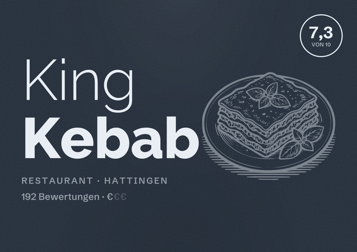 Illustriertes Poster von King Kebab, Restaurant in Hattingen: Bewertung 7,3 von 10 aus 192 Bewertungen, Preisniveau €