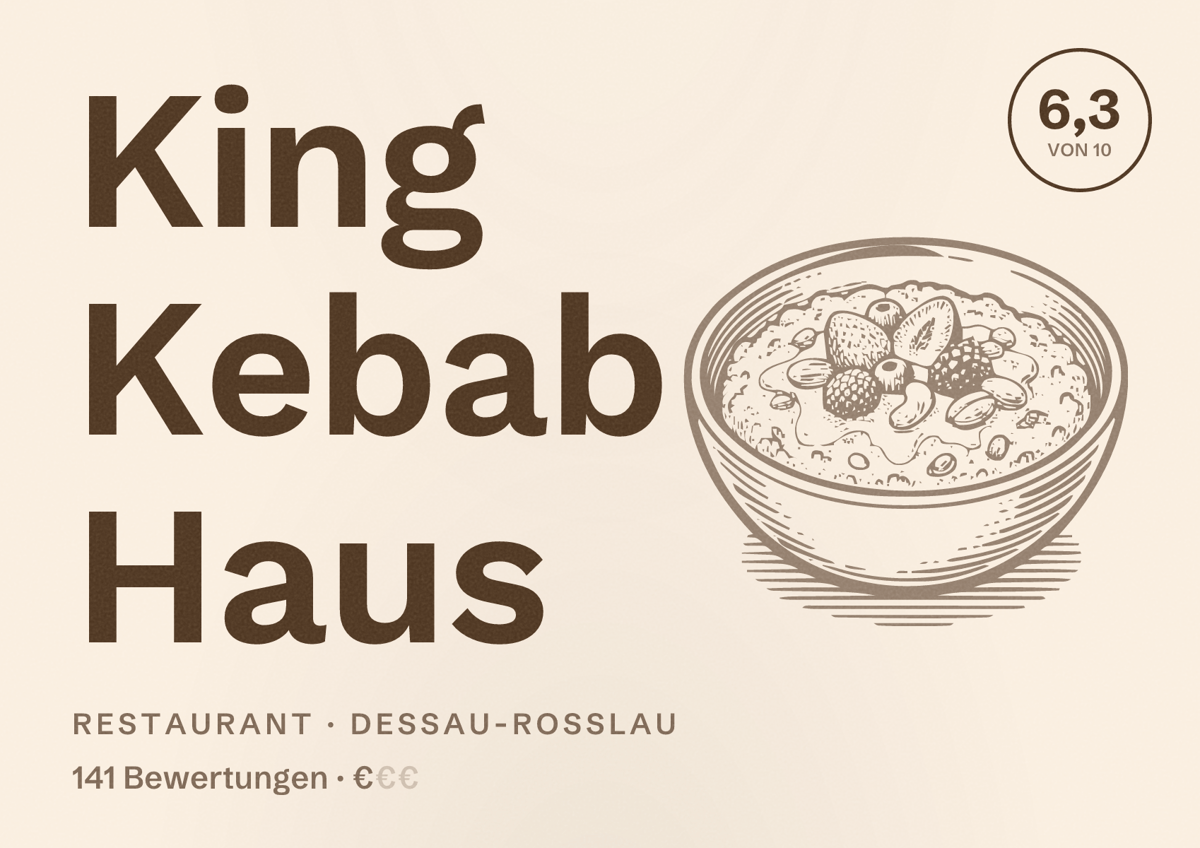 Illustriertes Poster von King Kebab Haus, Restaurant in Dessau-Roßlau: Bewertung 6,3 von 10 aus 141 Bewertungen, Preisniveau €