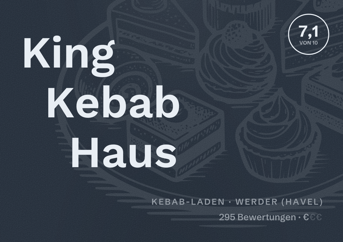 Illustriertes Poster von King Kebab Haus, Kebab-Laden in Werder (Havel): Bewertung 7,1 von 10 aus 295 Bewertungen, Preisniveau €