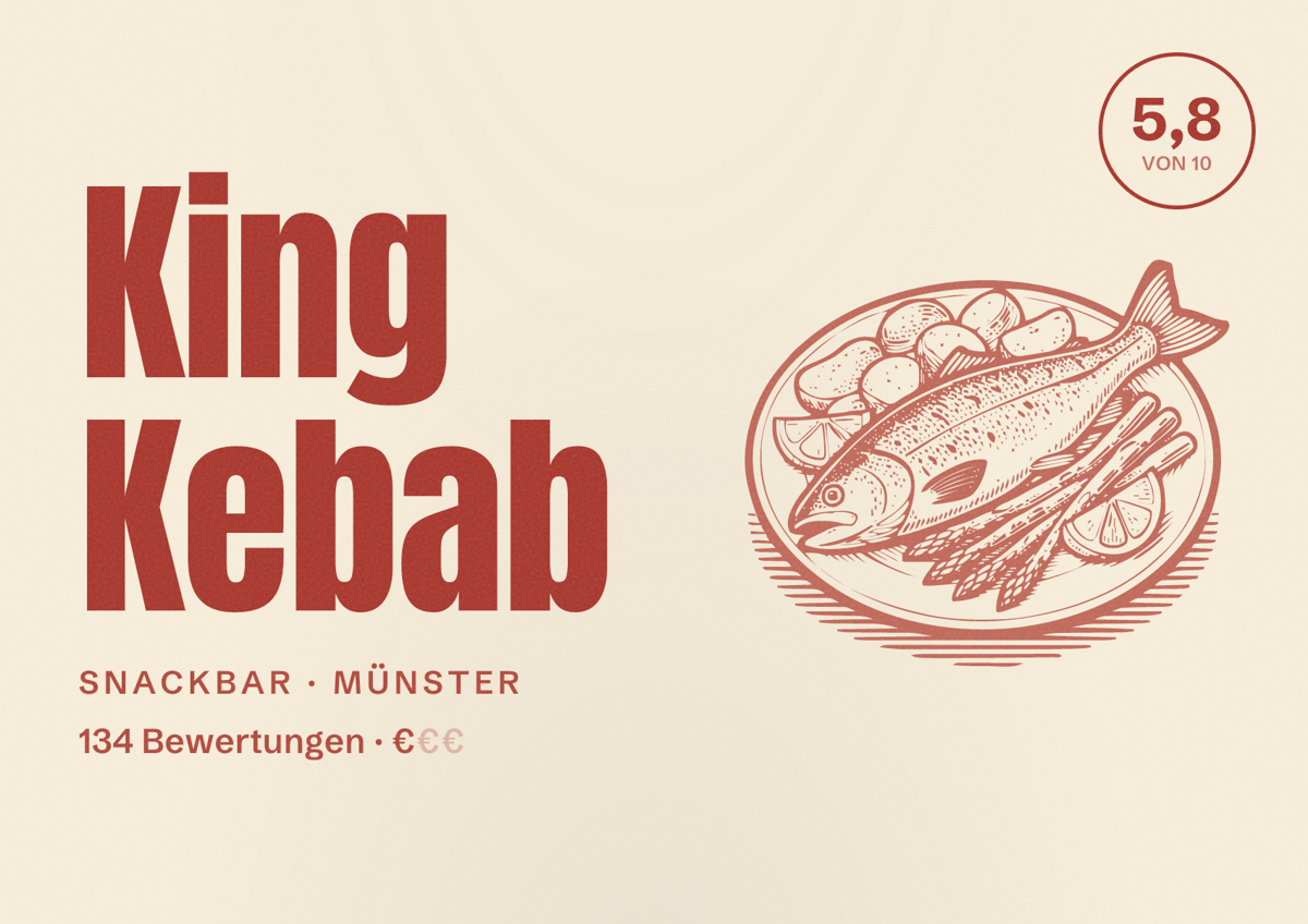 Illustriertes Poster von King Kebab, Snackbar in Münster: Bewertung 5,8 von 10 aus 134 Bewertungen, Preisniveau €