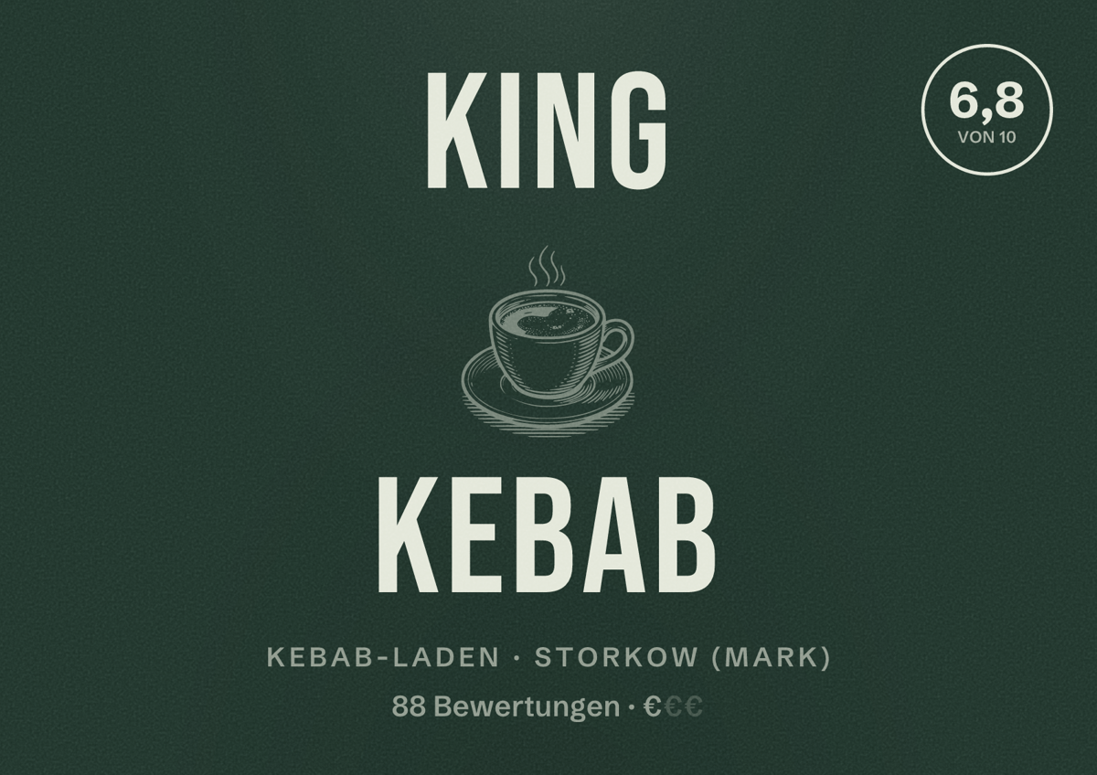 Illustriertes Poster von King Kebab, Kebab-Laden in Storkow (Mark): Bewertung 6,8 von 10 aus 88 Bewertungen, Preisniveau €