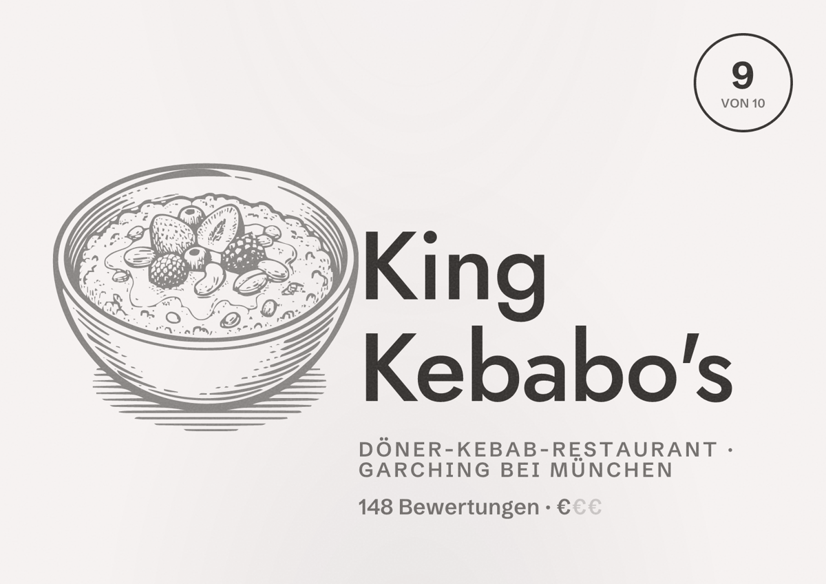 Illustriertes Poster von King Kebabo's, Döner-Kebab-Restaurant in Garching bei München: Bewertung 9 von 10 aus 148 Bewertungen, Preisniveau €