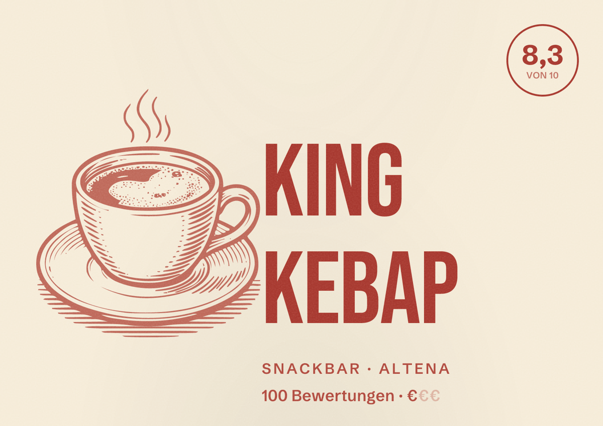 Illustriertes Poster von King Kebap, Snackbar in Altena: Bewertung 8,3 von 10 aus 100 Bewertungen, Preisniveau €