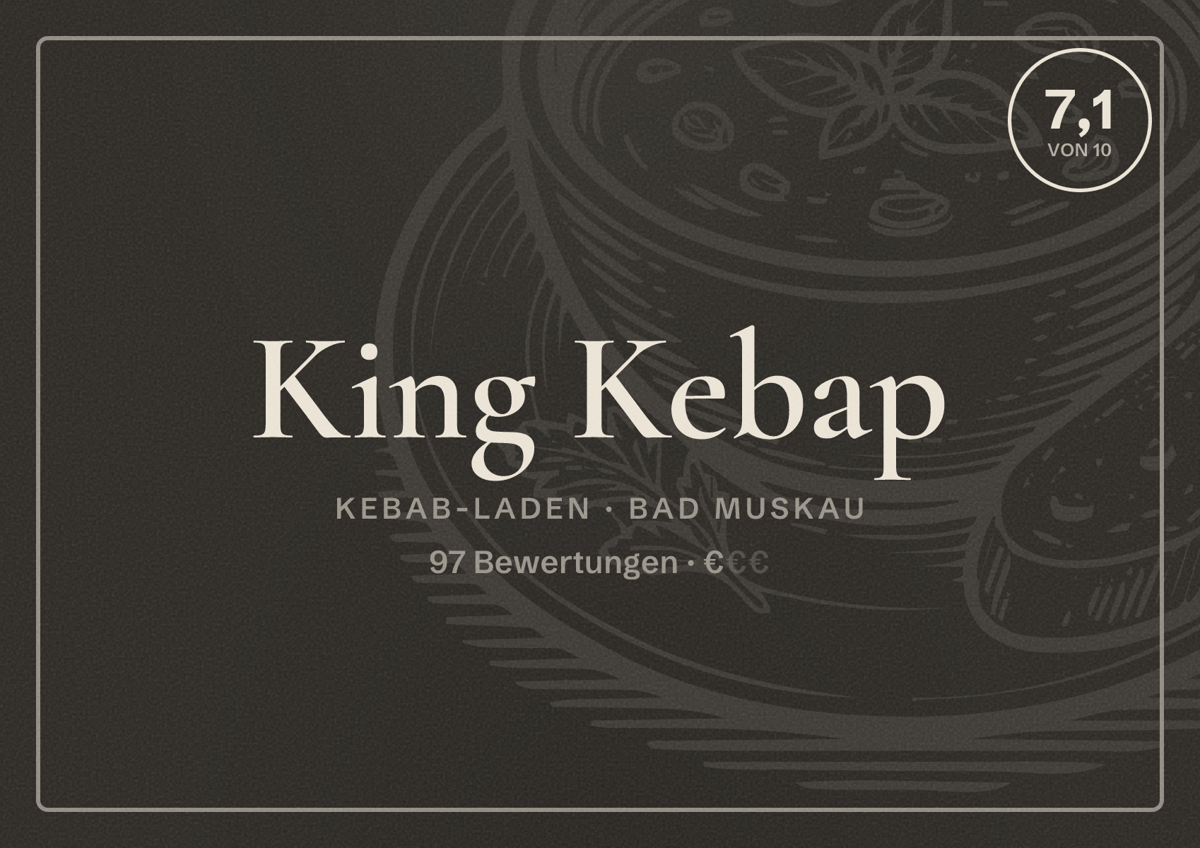 Illustriertes Poster von King Kebap, Kebab-Laden in Bad Muskau: Bewertung 7,1 von 10 aus 97 Bewertungen, Preisniveau €