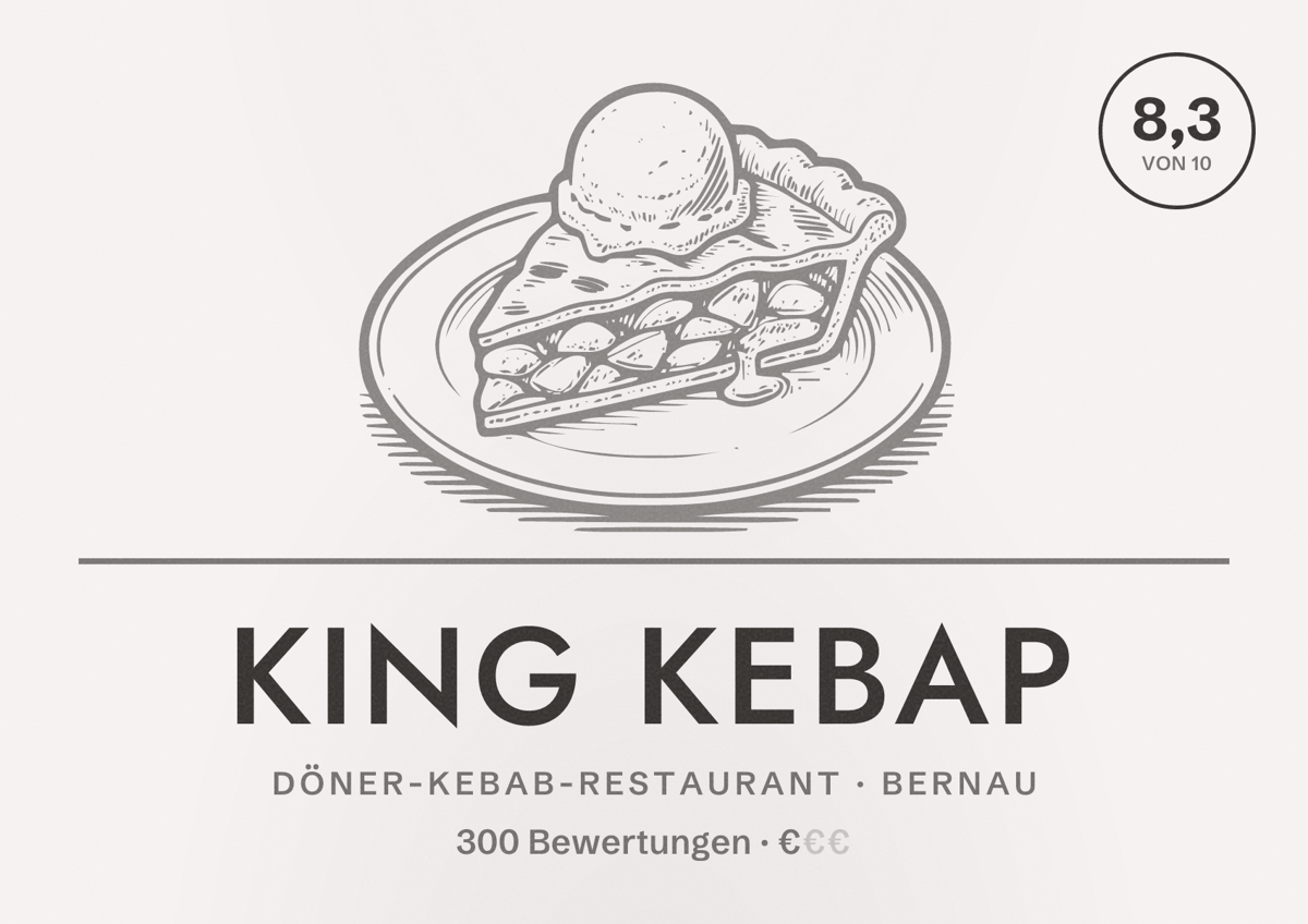 Illustriertes Poster von King Kebap, Döner-Kebab-Restaurant in Bernau: Bewertung 8,3 von 10 aus 300 Bewertungen, Preisniveau €