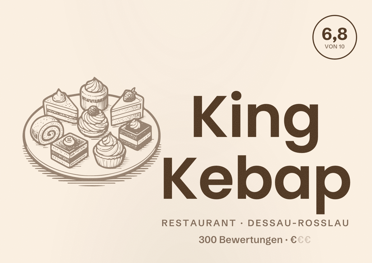 Illustriertes Poster von King Kebap, Restaurant in Dessau-Roßlau: Bewertung 6,8 von 10 aus 300 Bewertungen, Preisniveau €
