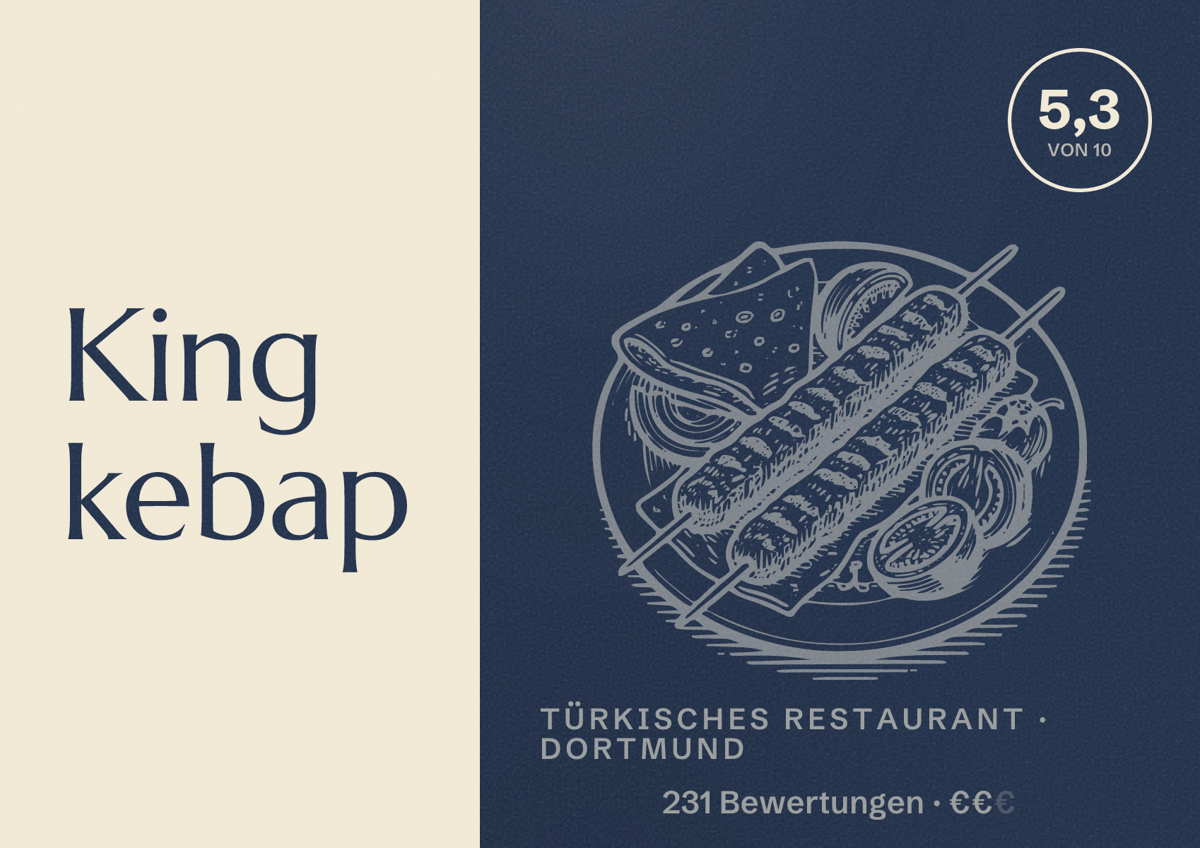 Illustriertes Poster von King kebap, Türkisches Restaurant in Dortmund: Bewertung 5,3 von 10 aus 231 Bewertungen, Preisniveau €€