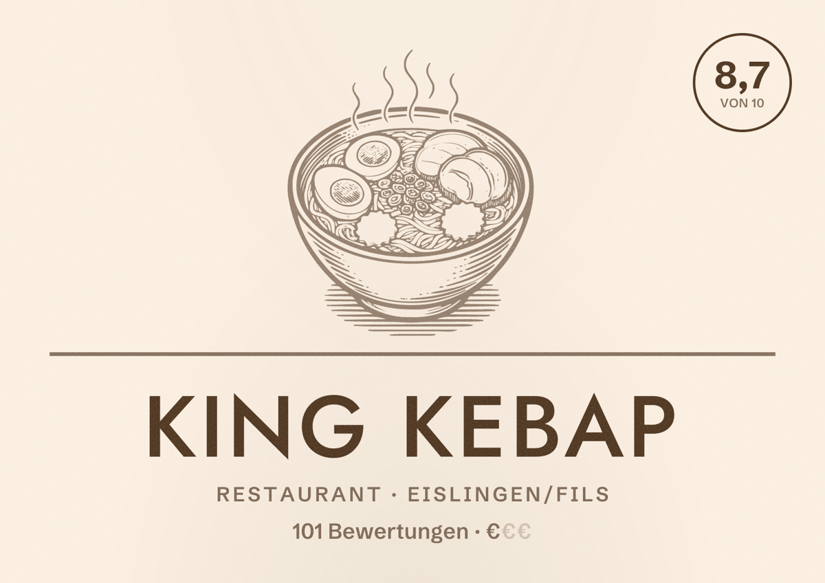 Illustriertes Poster von King Kebap, Restaurant in Eislingen/Fils: Bewertung 8,7 von 10 aus 101 Bewertungen, Preisniveau €