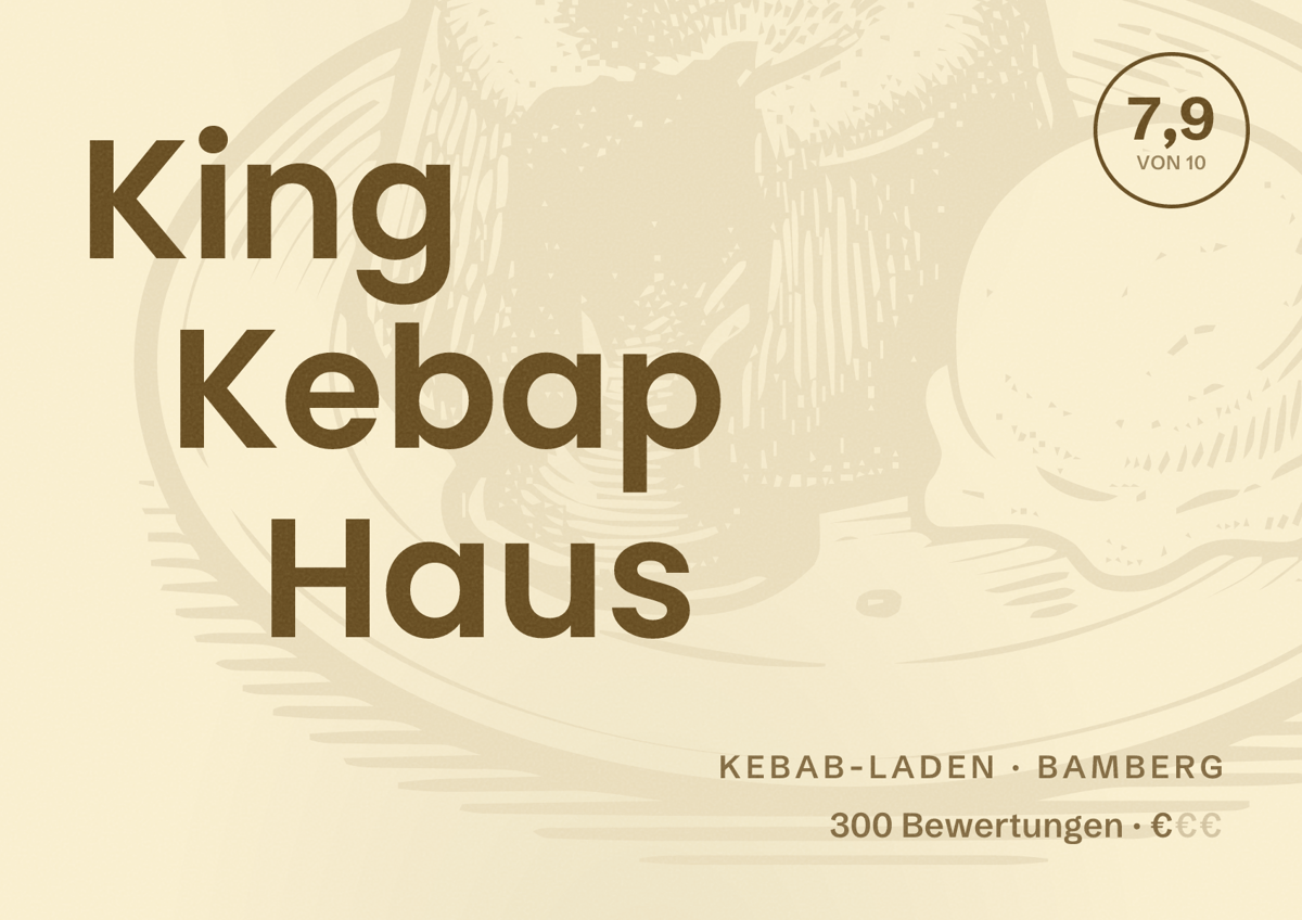 Illustriertes Poster von King Kebap Haus, Kebab-Laden in Bamberg: Bewertung 7,9 von 10 aus 300 Bewertungen, Preisniveau €