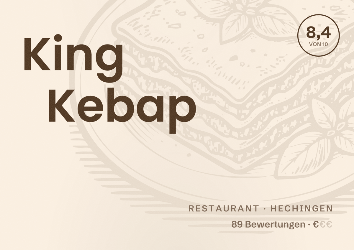 Illustriertes Poster von King Kebap, Restaurant in Hechingen: Bewertung 8,4 von 10 aus 89 Bewertungen, Preisniveau €
