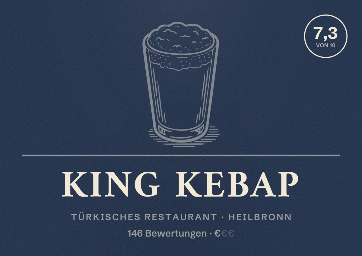 Illustriertes Poster von King Kebap, Türkisches Restaurant in Heilbronn: Bewertung 7,3 von 10 aus 146 Bewertungen, Preisniveau €