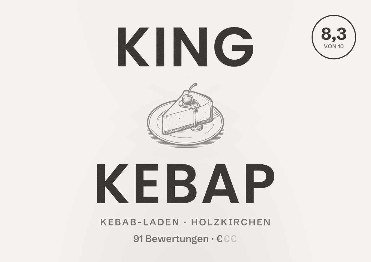 Illustriertes Poster von King Kebap, Kebab-Laden in Holzkirchen: Bewertung 8,3 von 10 aus 91 Bewertungen, Preisniveau €