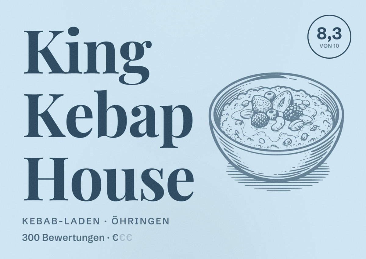 Illustriertes Poster von King Kebap House, Kebab-Laden in Öhringen: Bewertung 8,3 von 10 aus 300 Bewertungen, Preisniveau €