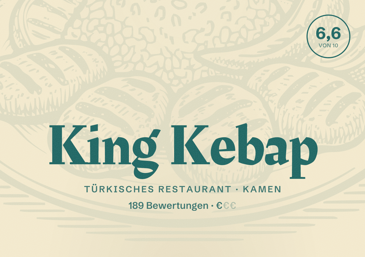 Illustriertes Poster von King Kebap, Türkisches Restaurant in Kamen: Bewertung 6,6 von 10 aus 189 Bewertungen, Preisniveau €