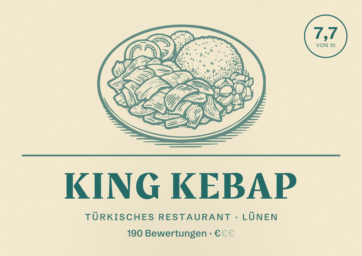 Illustriertes Poster von King Kebap, Türkisches Restaurant in Lünen: Bewertung 7,7 von 10 aus 190 Bewertungen, Preisniveau €