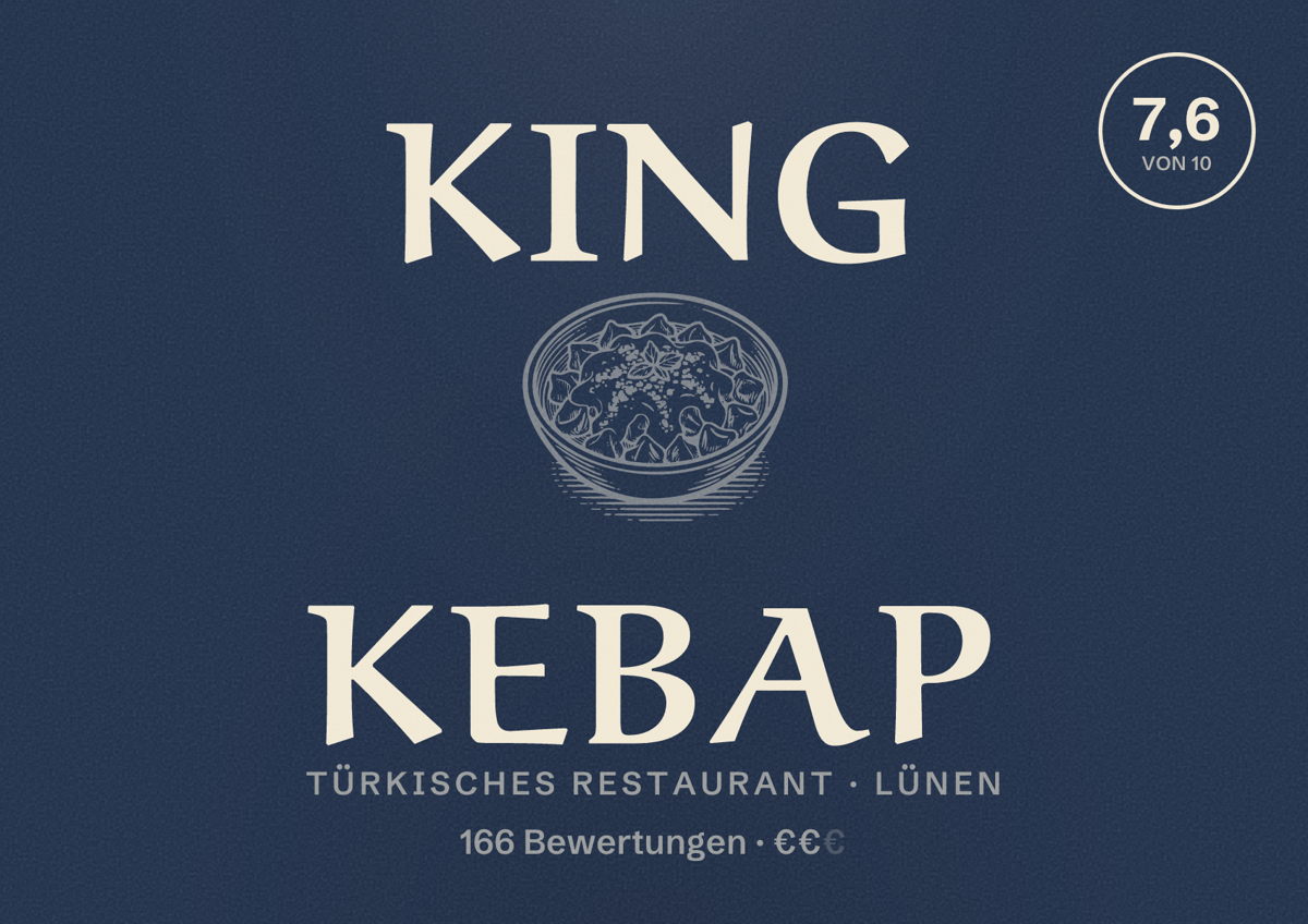 Illustriertes Poster von King Kebap, Türkisches Restaurant in Lünen: Bewertung 7,6 von 10 aus 166 Bewertungen, Preisniveau €€