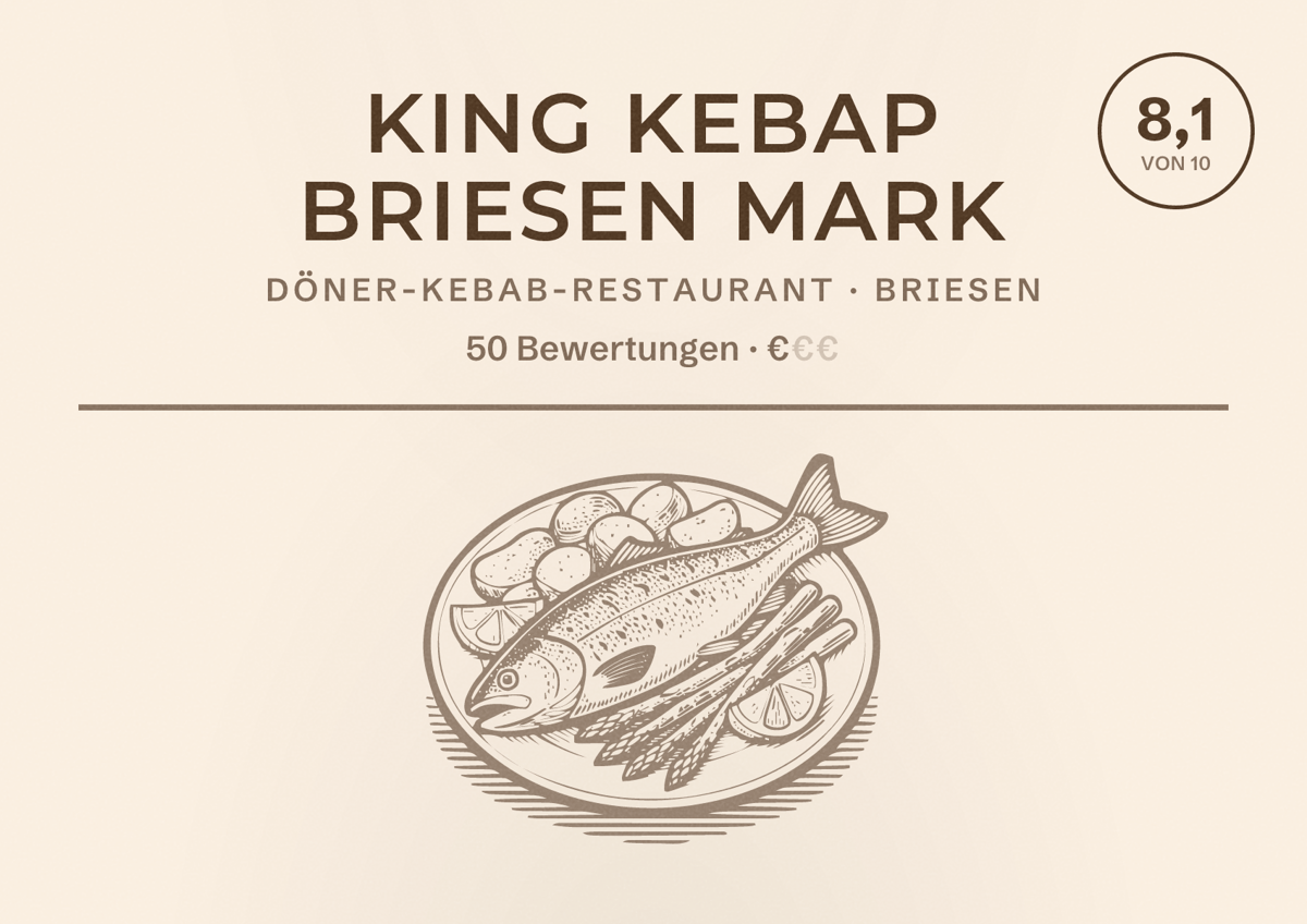 Illustriertes Poster von King Kebap Briesen Mark, Döner-Kebab-Restaurant in Briesen: Bewertung 8,1 von 10 aus 50 Bewertungen, Preisniveau €
