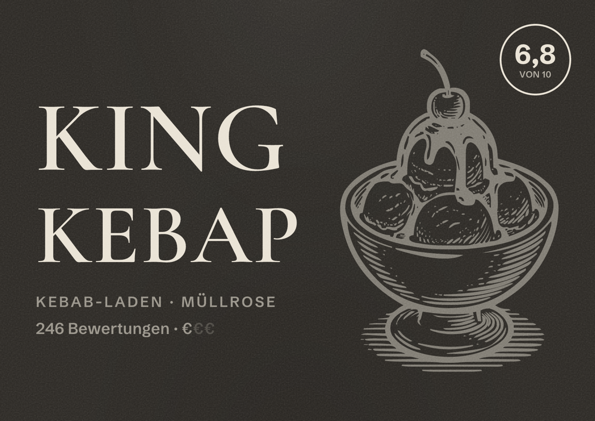 Illustriertes Poster von King Kebap, Kebab-Laden in Müllrose: Bewertung 6,8 von 10 aus 246 Bewertungen, Preisniveau €