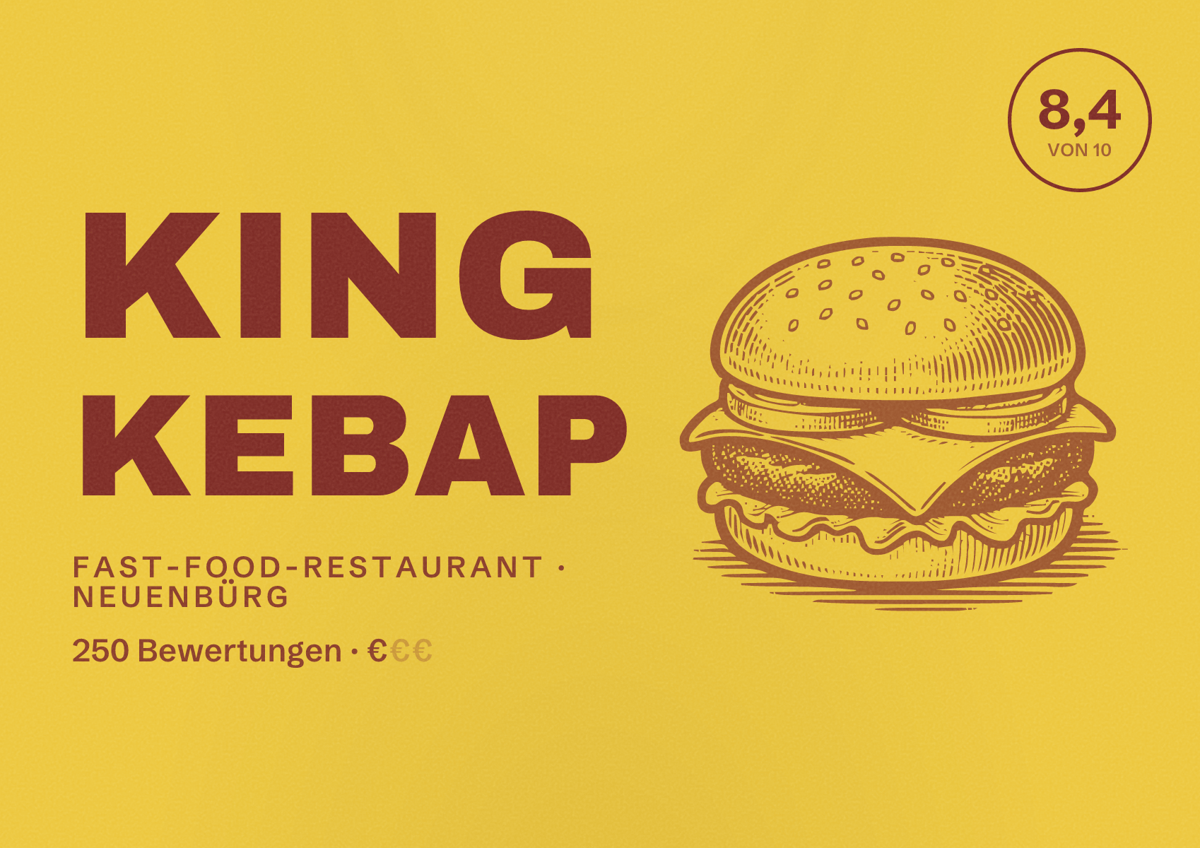 Illustriertes Poster von King Kebap, Fast-Food-Restaurant in Neuenbürg: Bewertung 8,4 von 10 aus 250 Bewertungen, Preisniveau €